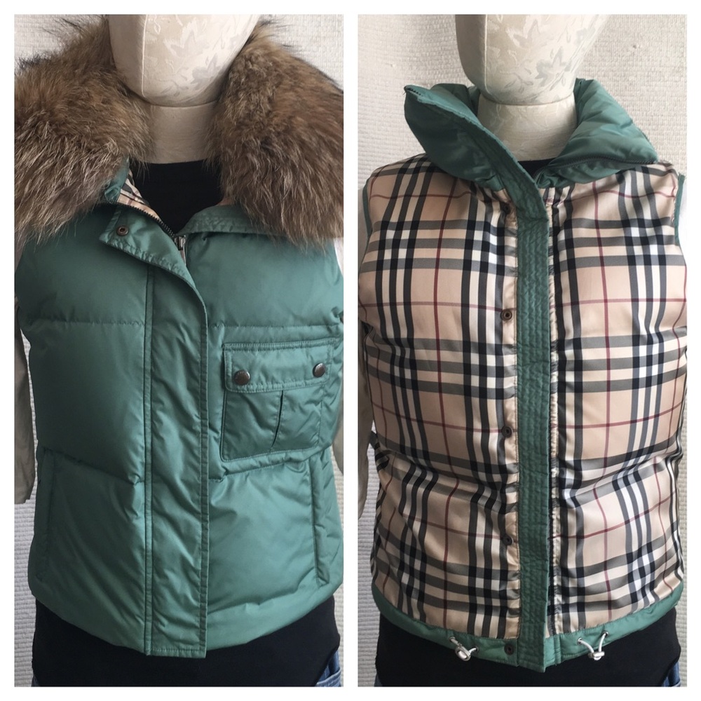 Burberry S Down Puffer Vest Coat Real Fur Green - Picture 3 of 8